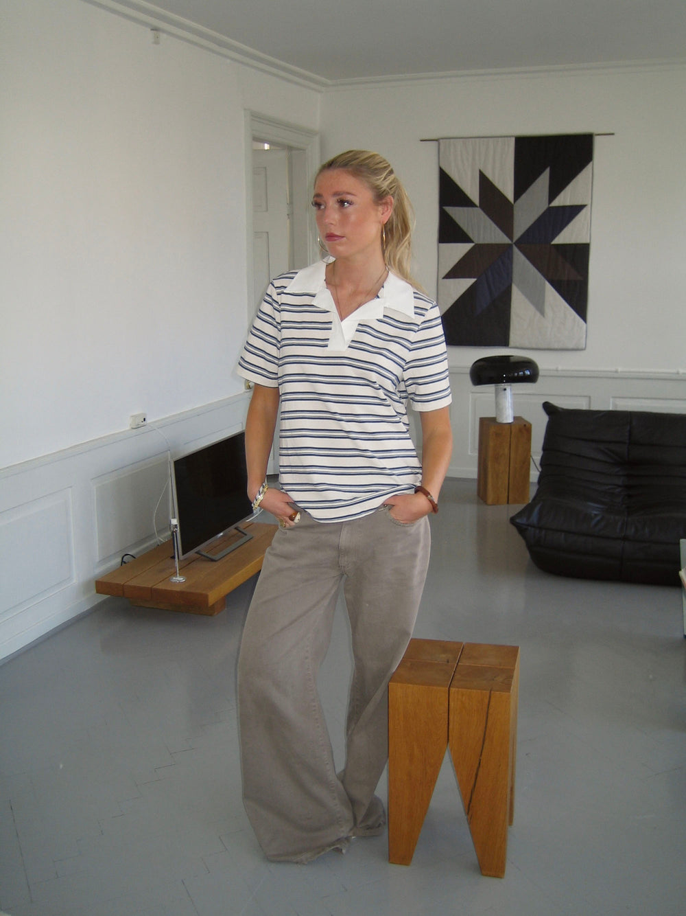 Line polo med striber - Hvid/beige/navy