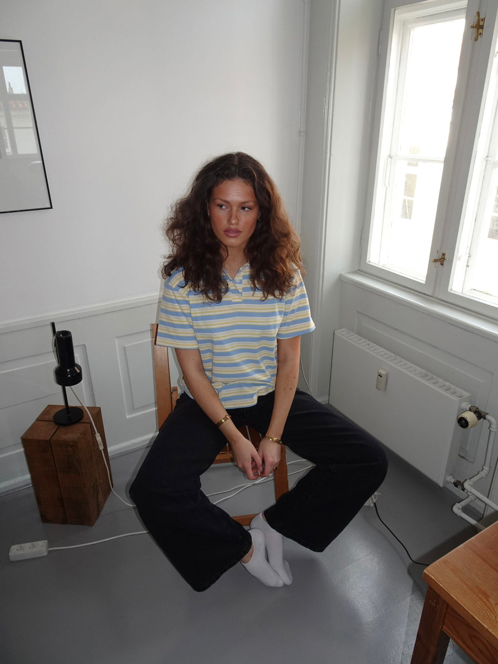 Autine stribede polo t-shirt - Gul/Lyseblå/Beige