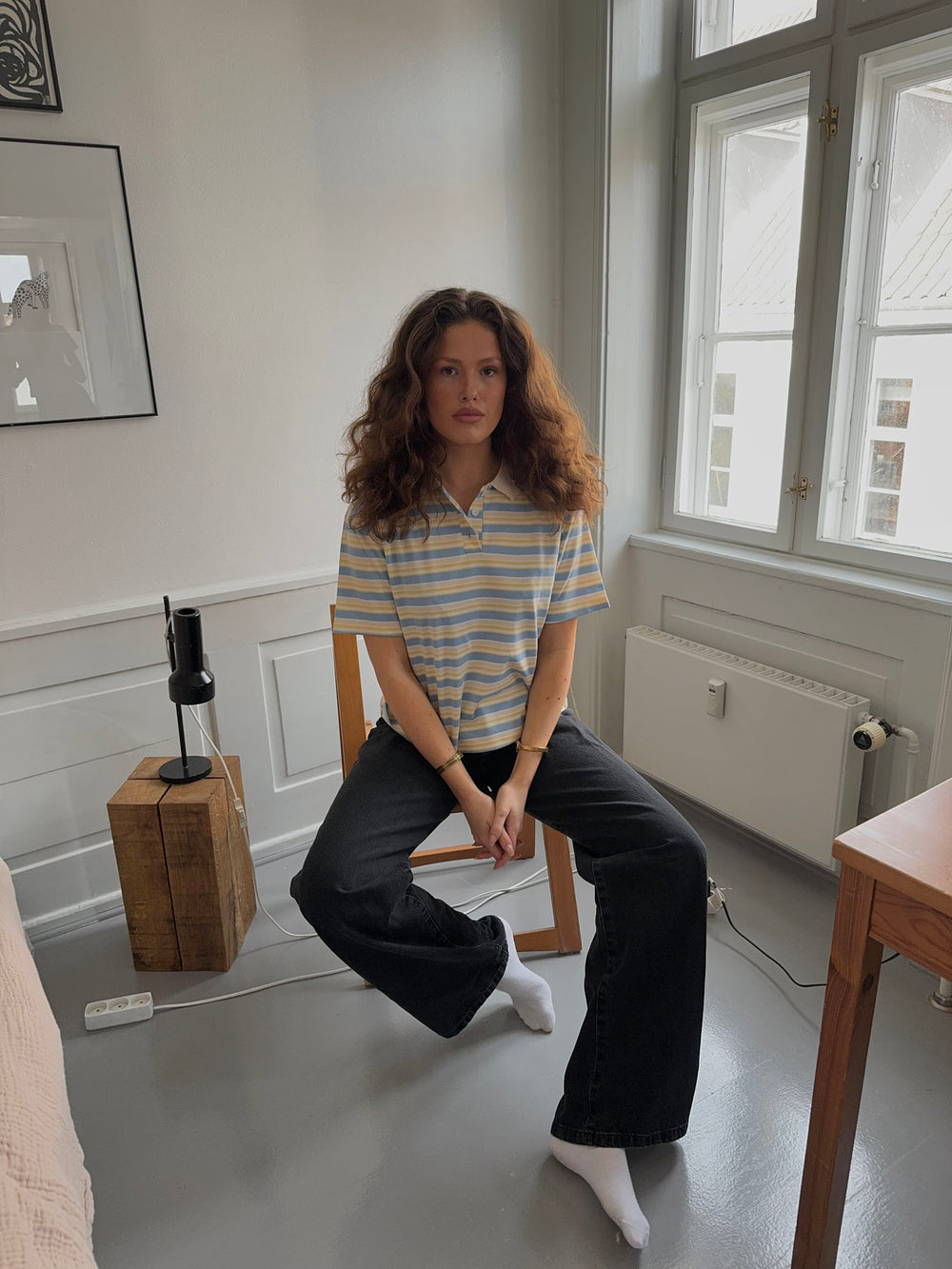 Autine stribede polo t-shirt - Gul/Lyseblå/Beige