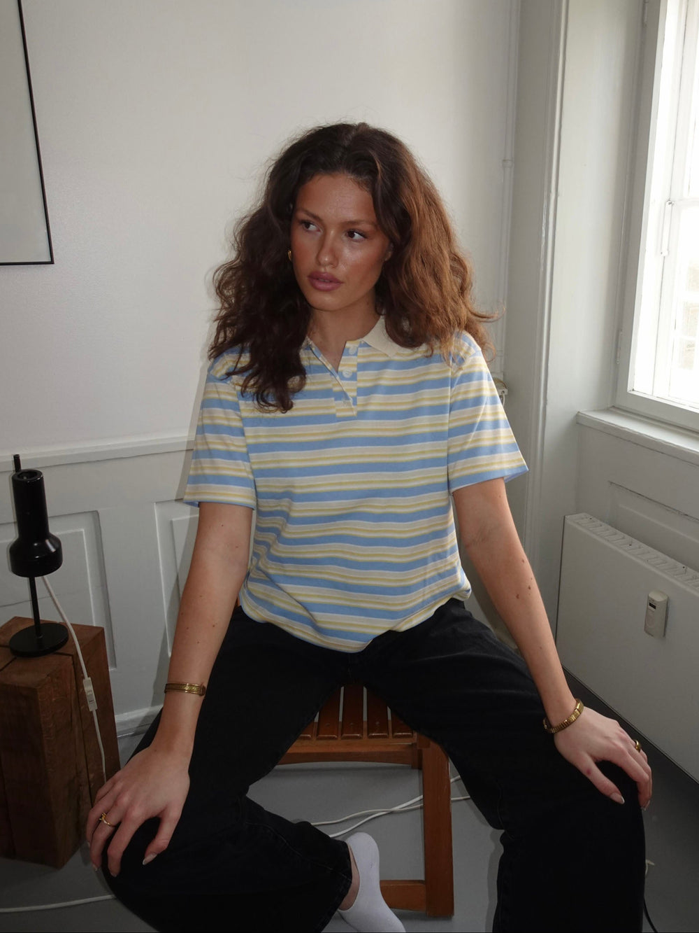 Autine stribede polo t-shirt - Gul/Lyseblå/Beige