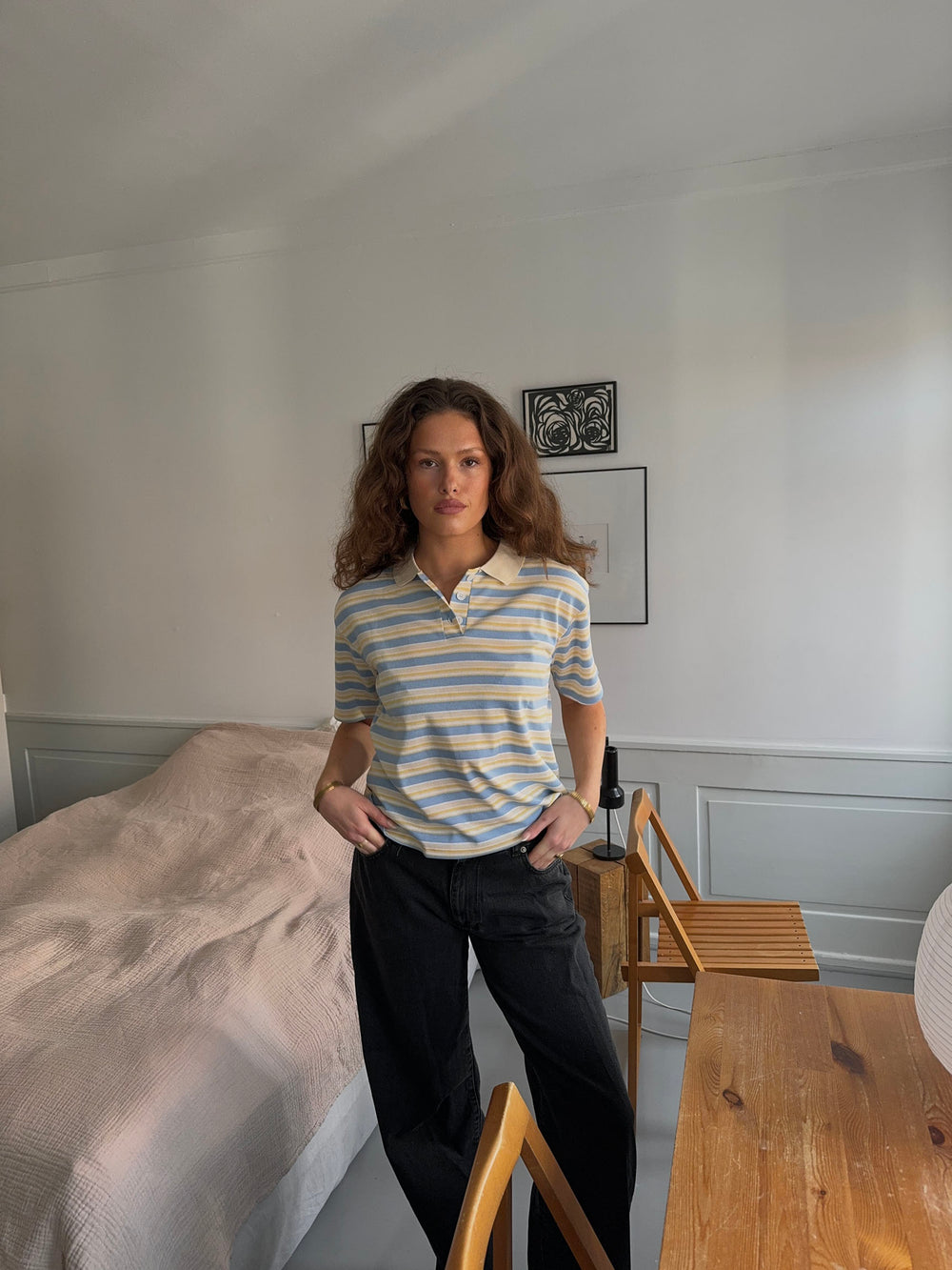 Autine stribede polo t-shirt - Gul/Lyseblå/Beige