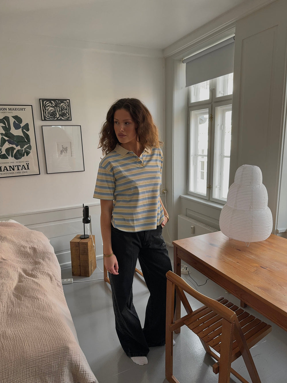 Autine stribede polo t-shirt - Gul/Lyseblå/Beige