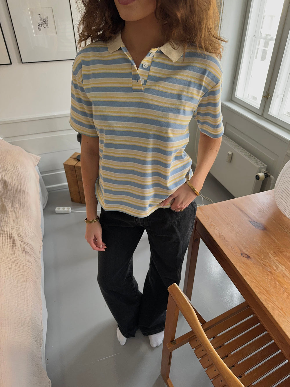 Autine stribede polo t-shirt - Gul/Lyseblå/Beige