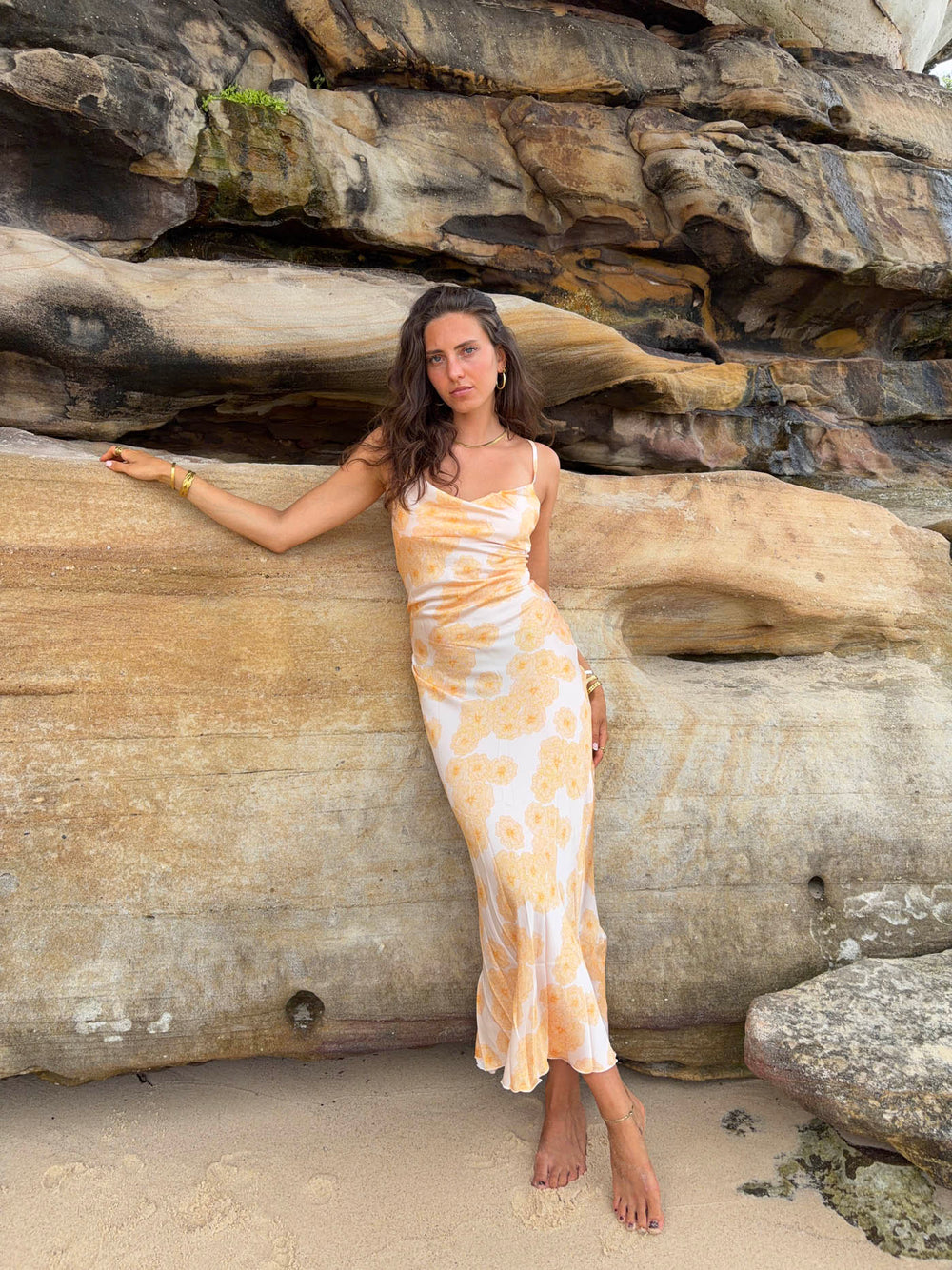Charline satinkjole - Hvid/orange