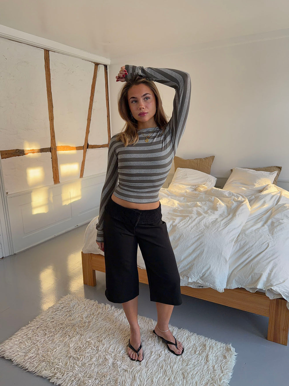 Regitze bluse med striber - Grå/kaki