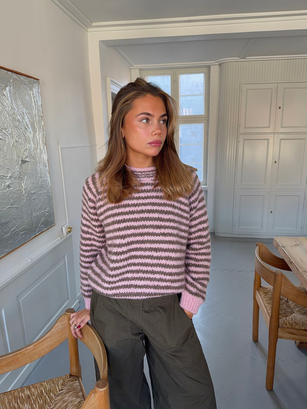 Zeya striktrøje med striber - Lyserød/taupe