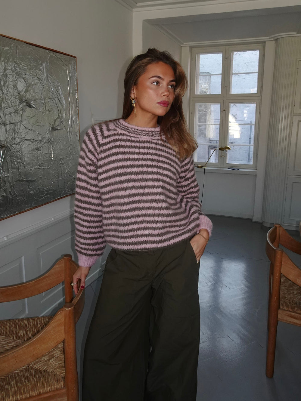 Zeya striktrøje med striber - Lyserød/taupe