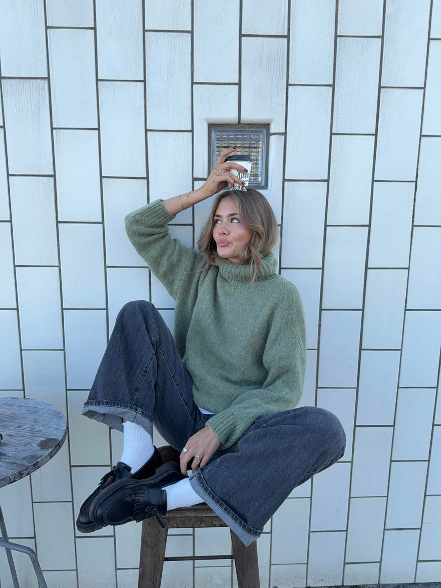 Idun striktrøje med turtleneck - Kaki