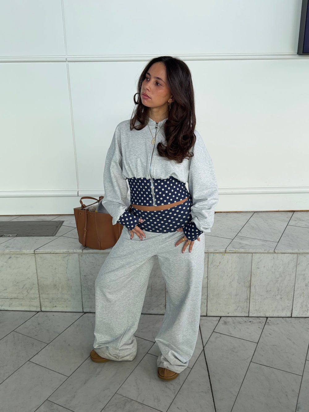 May sweatpants med polkaprikker - Grå/navy/hvid