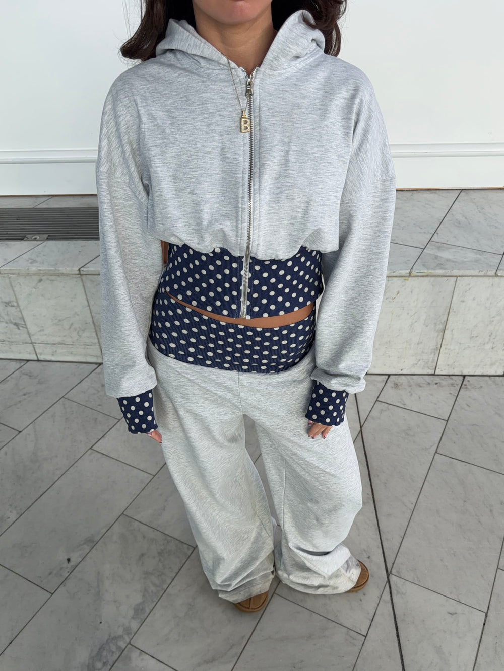 May sweatpants med polkaprikker - Grå/navy/hvid