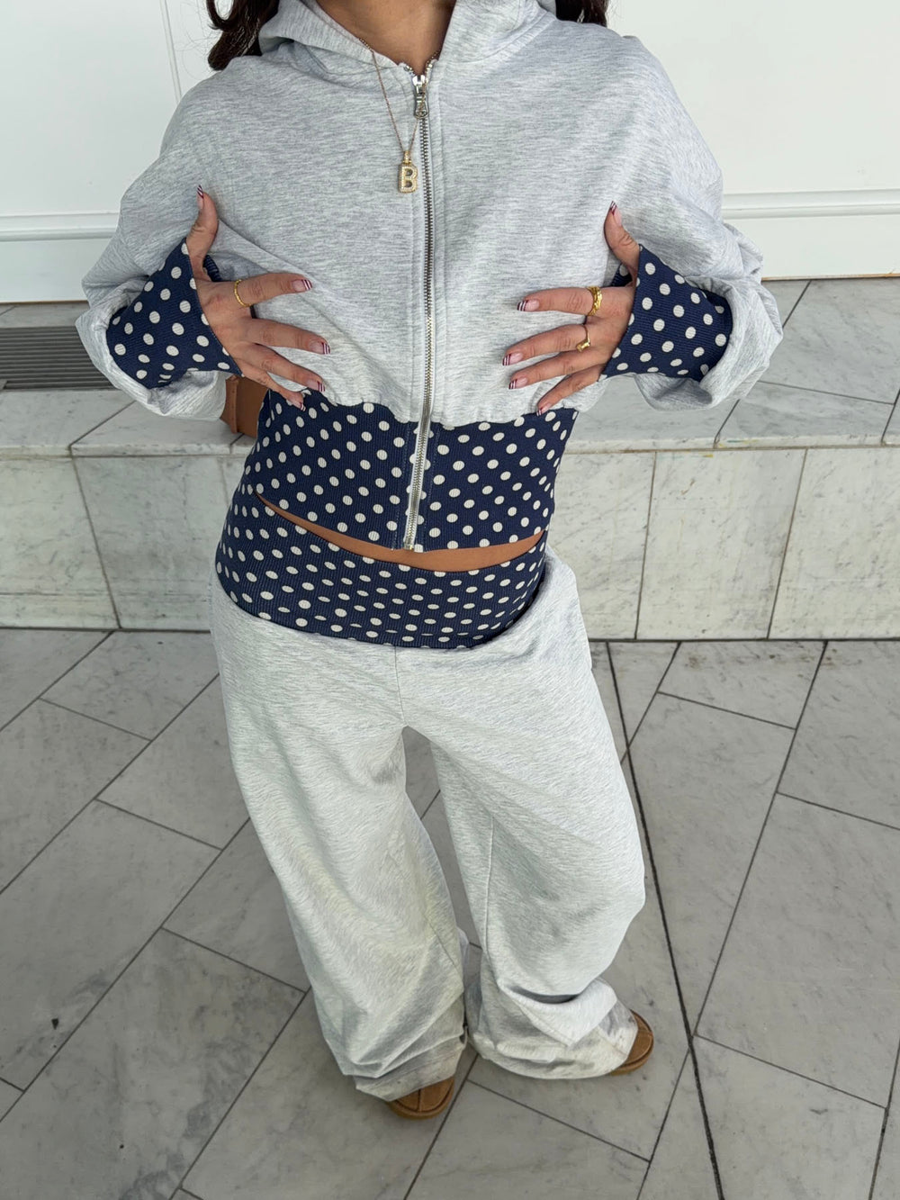 May sweatpants med polkaprikker - Grå/navy/hvid