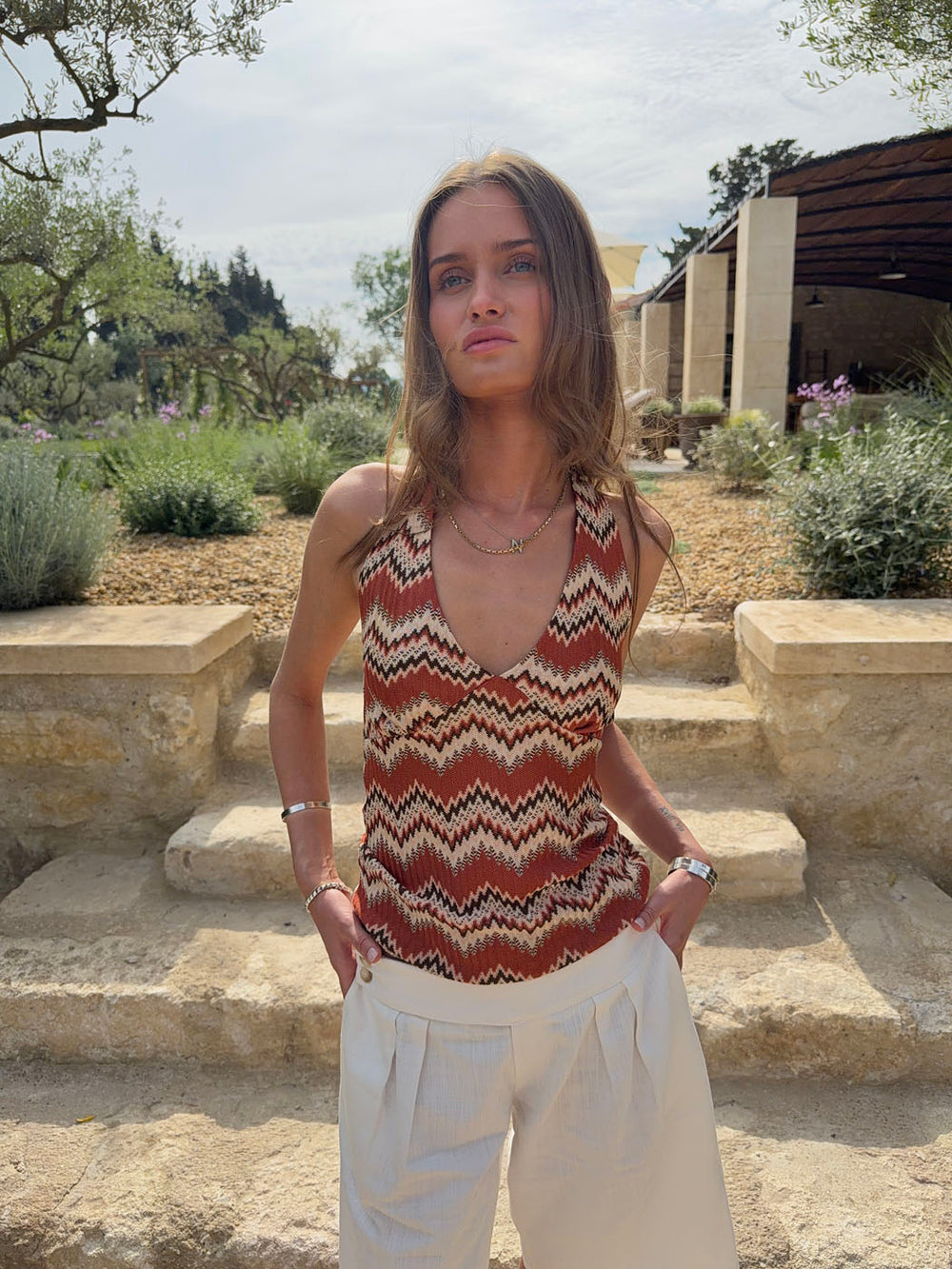 Zigga top med mønster - Orange/beige