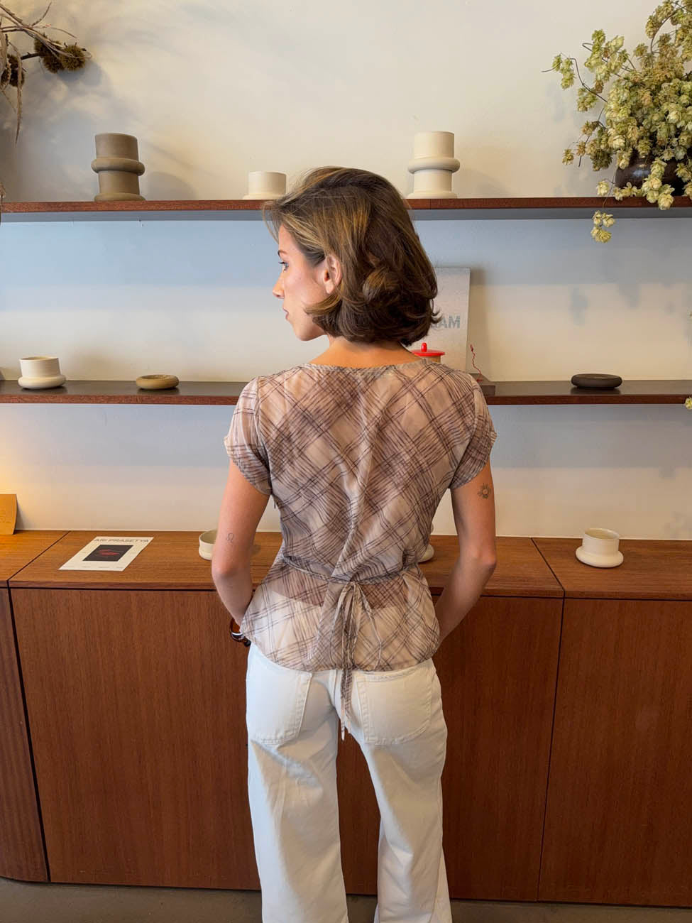 Leonorita top med ternet mønster - Beige/brun