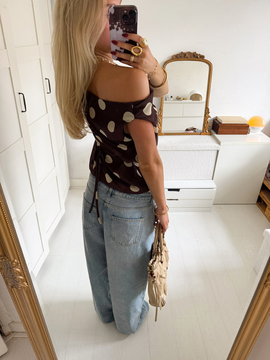 Lily top med polkaprikker - Brun/gul