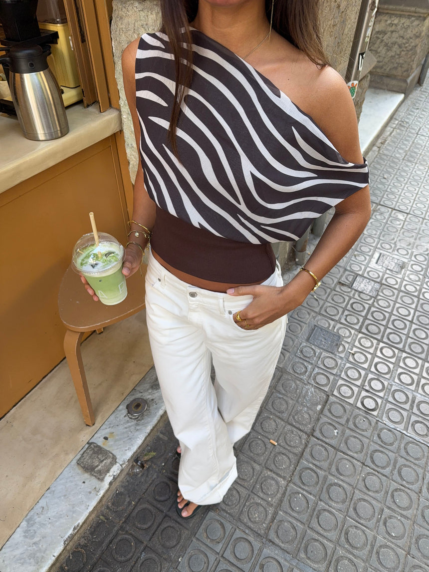 Kimmie top med zebra print - Brun/hvid