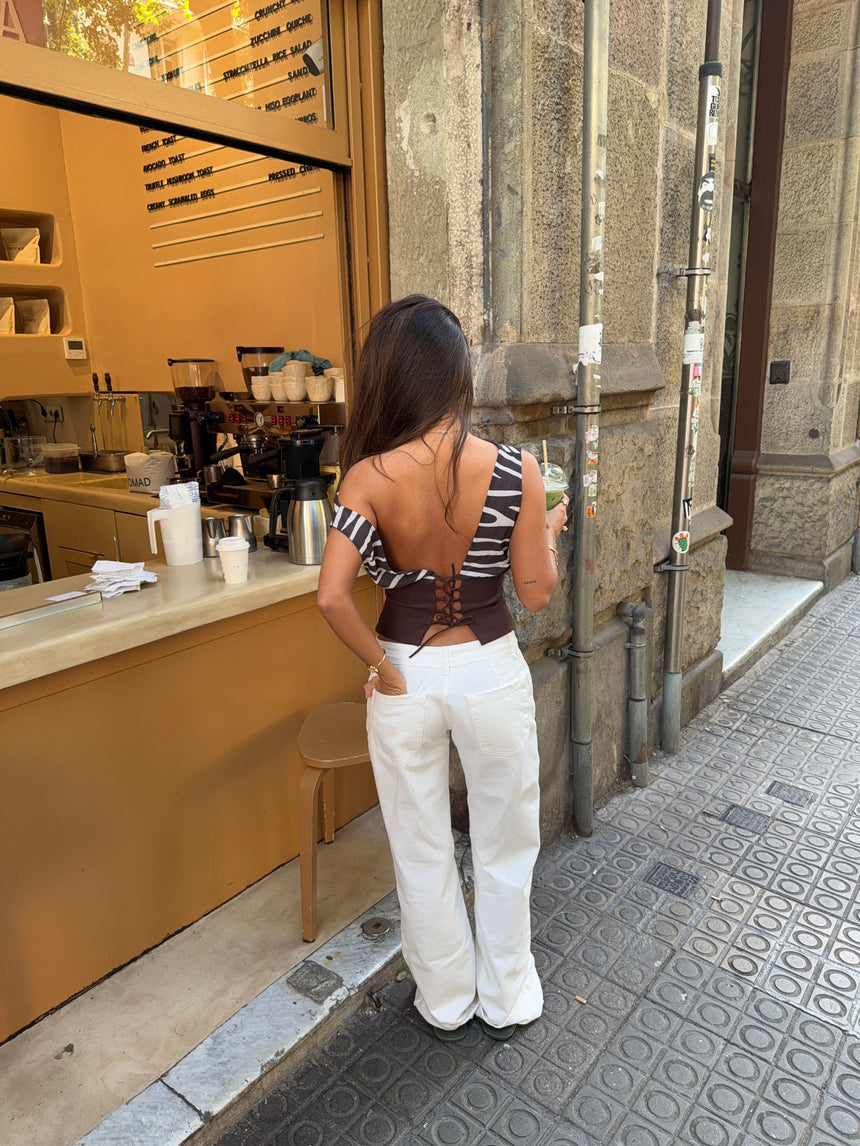 Kimmie top med zebra print - Brun/hvid