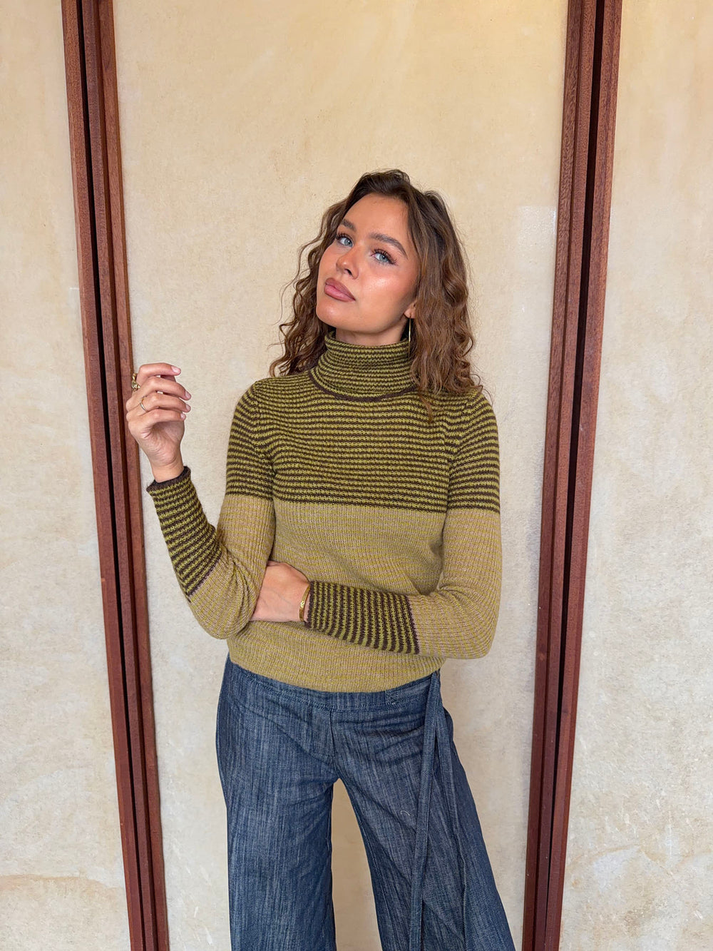 Swela striktrøje med turtleneck - Grøn/brun
