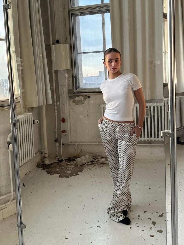 Lona lavtaljede satinbukser - Off-white/grøn